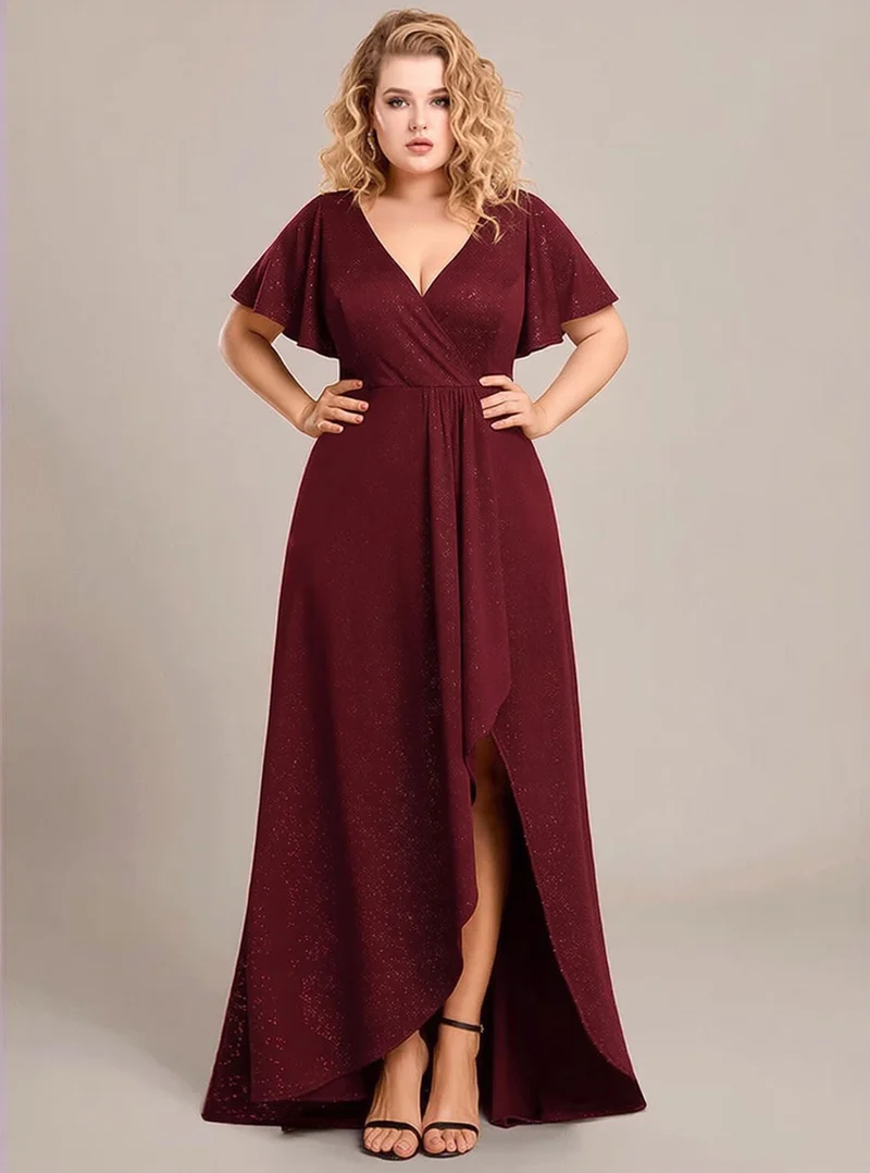 Robe de soirée bordeaux grande taille à fente asymétrique