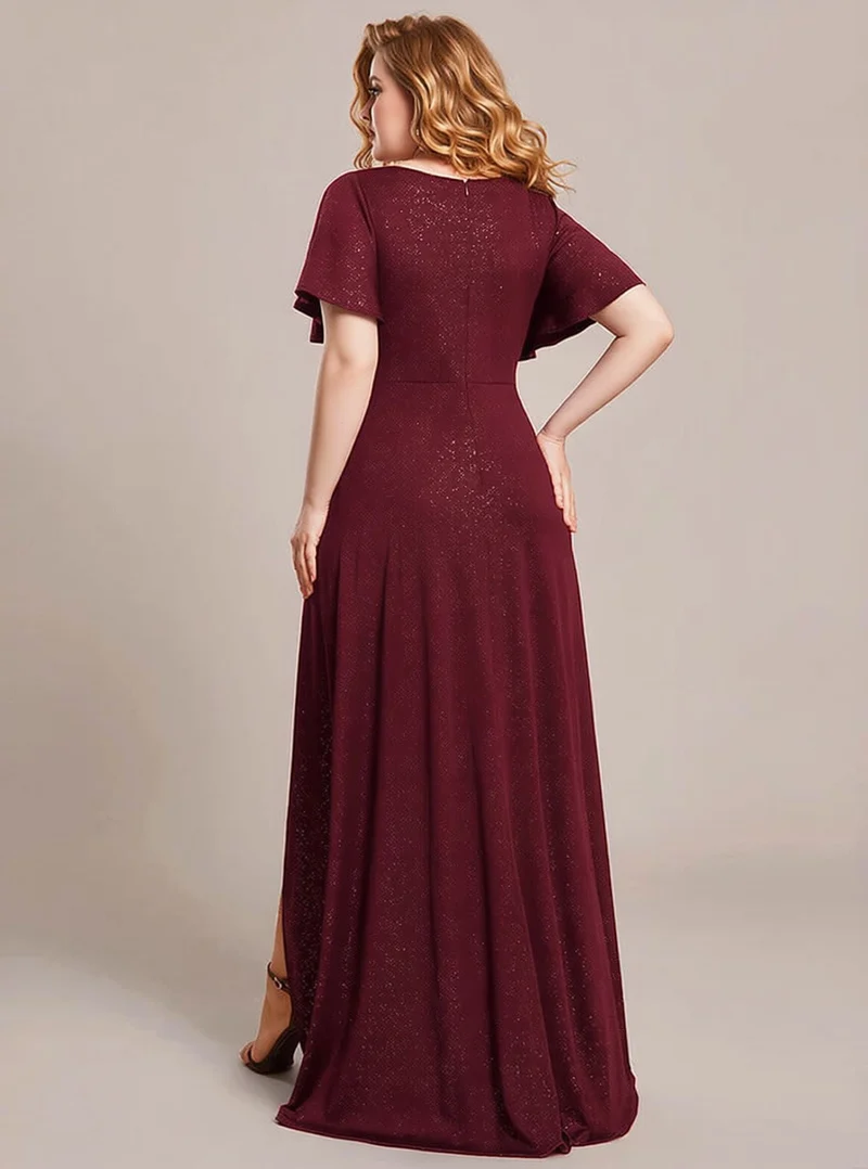 Robe de soirée bordeaux grande taille à fente asymétrique