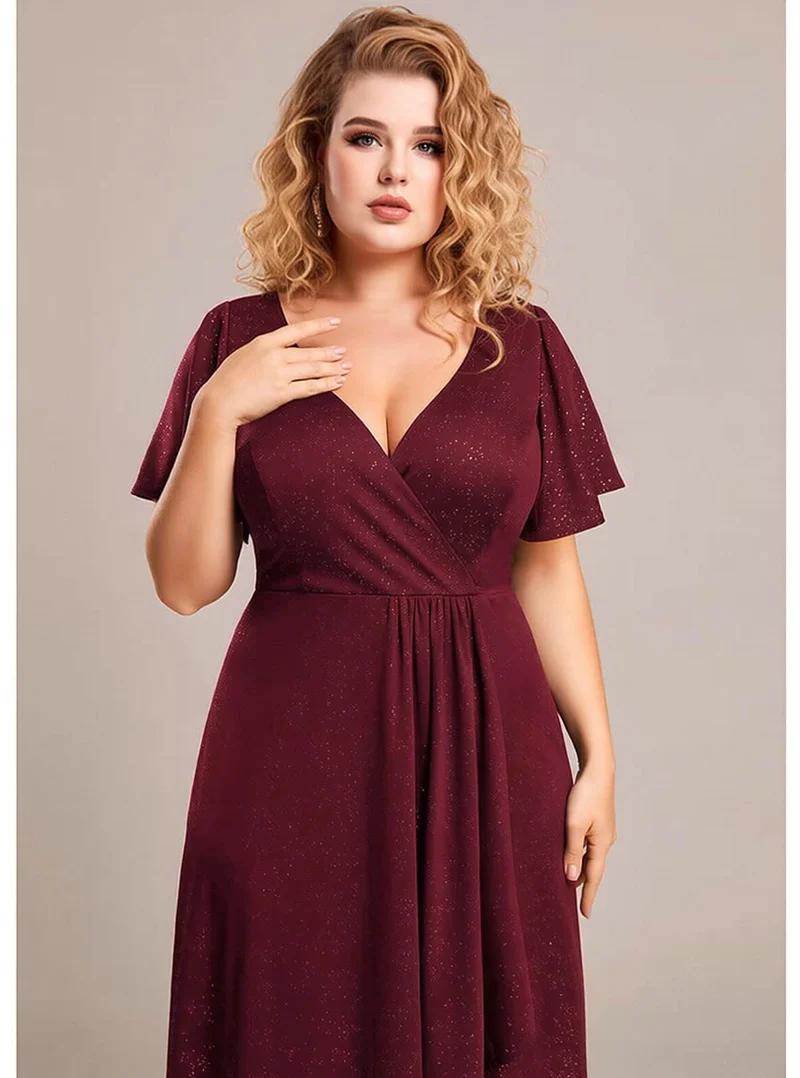 Robe de soirée bordeaux grande taille à fente asymétrique
