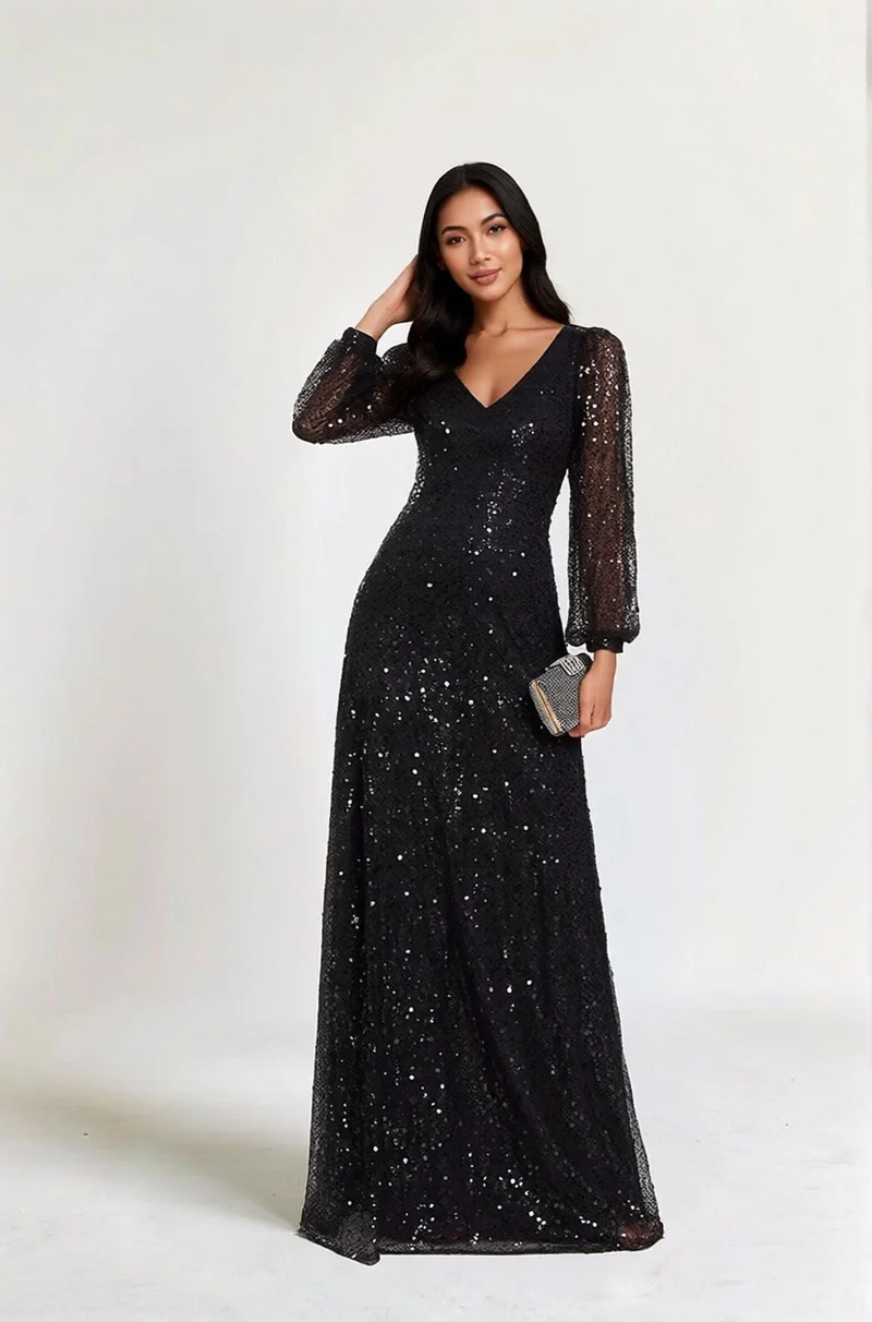 Robe à paillettes à manches longues noire