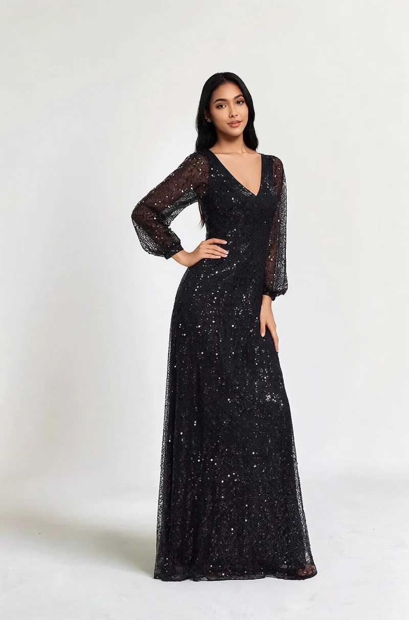 Robe à paillettes à manches longues noire