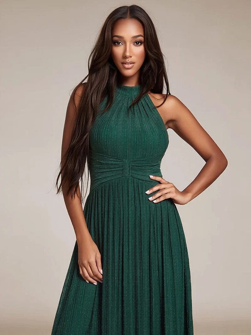 Robe de soirée verte pailletée à col licou