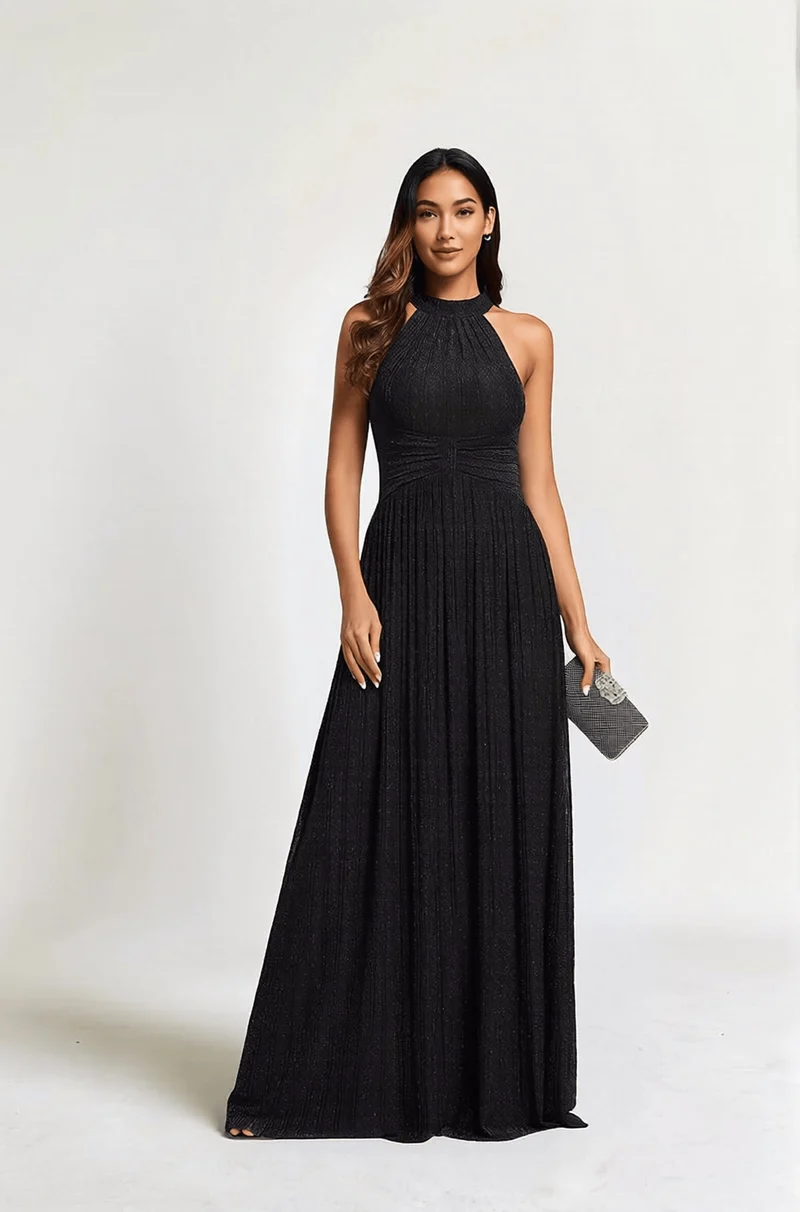 Robe de soirée noire plissée pailletée à col licou