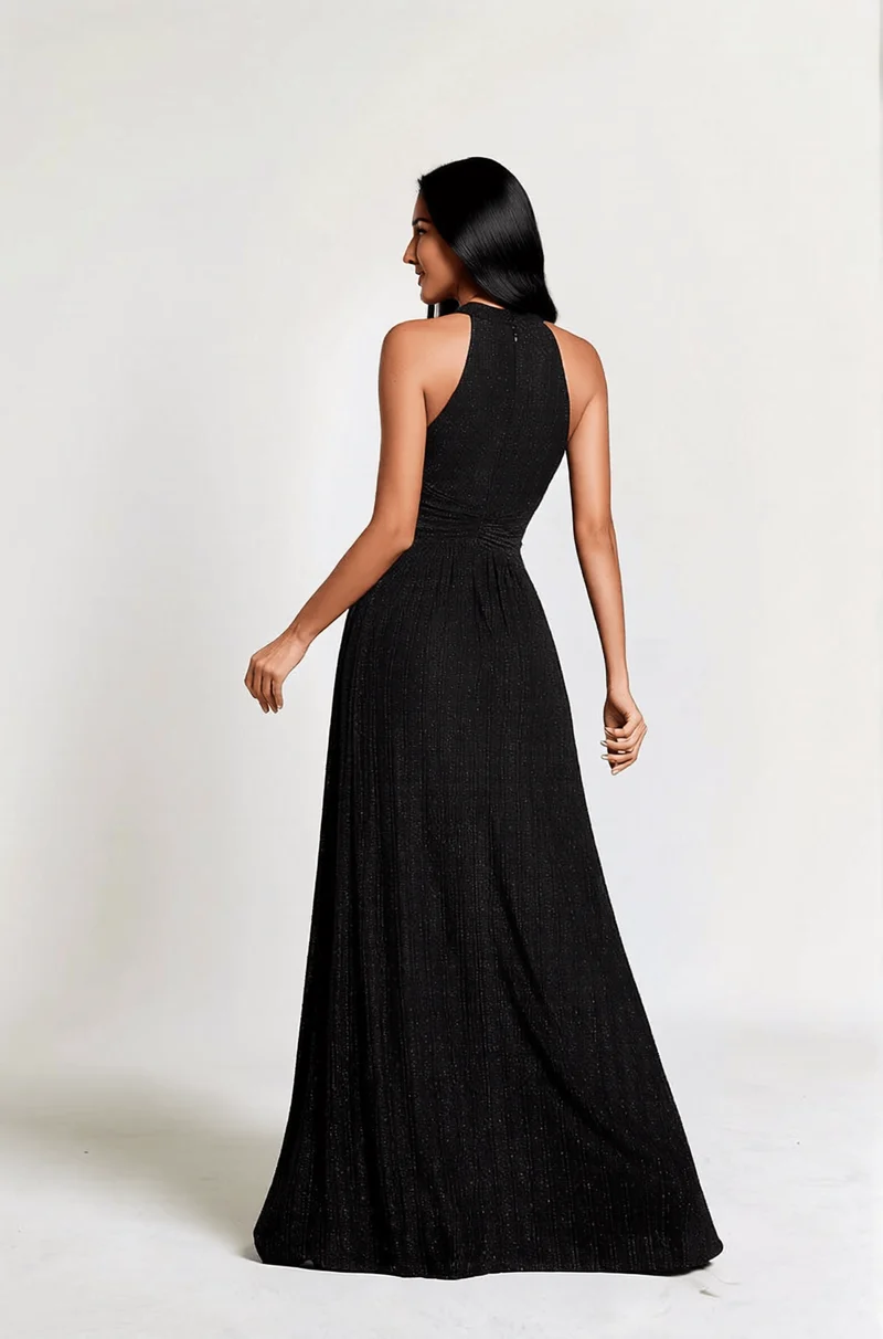 Robe de soirée noire plissée pailletée à col licou