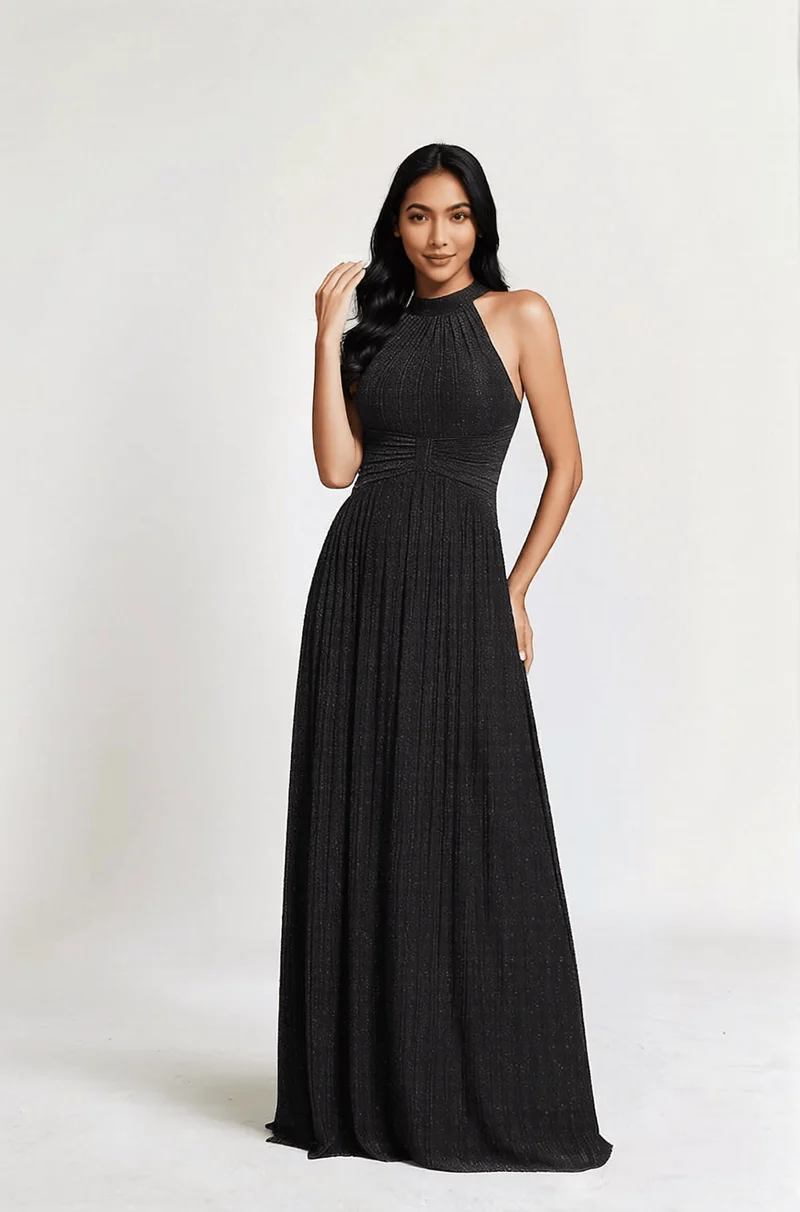 Robe de soirée noire plissée pailletée à col licou