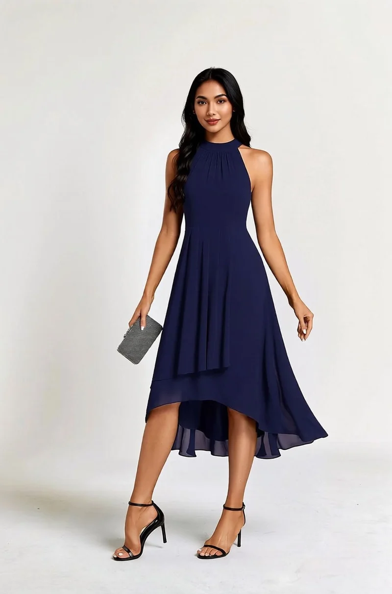 Robe de cocktail bleu marine fluide sans manches