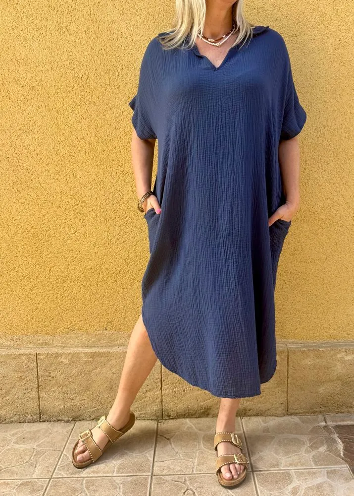 Robe gaze de coton Léa bleu marine