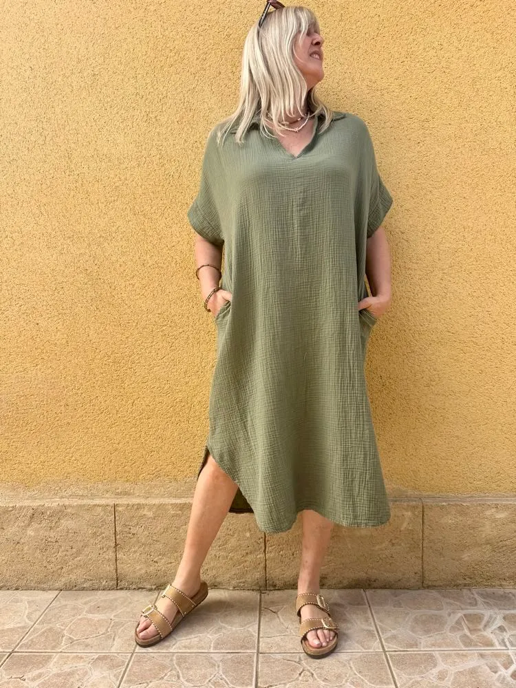 Robe gaze de coton Léa kaki