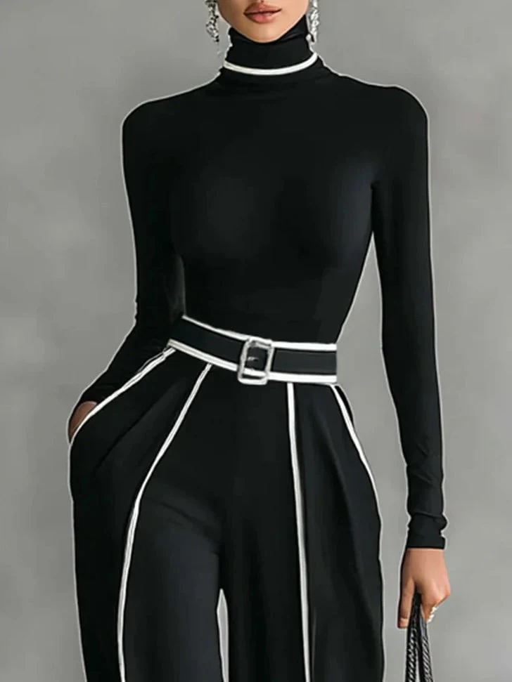 Adèle | High Neck Set with White Trim and Wide Pants