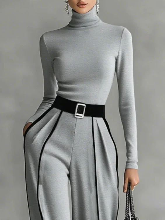 Adèle | High Neck Set with White Trim and Wide Pants