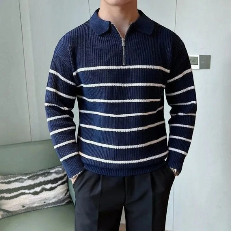 Pull Homme Col Zippé à Rayures