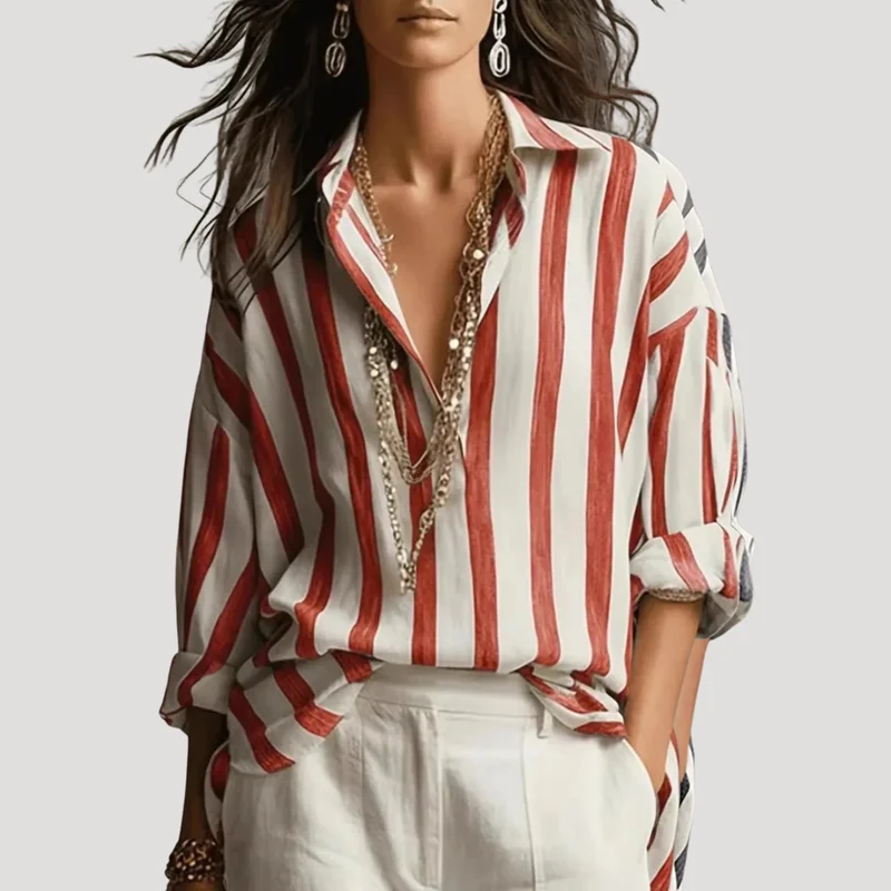 Blouse Femme Rayée à Manches Retroussables