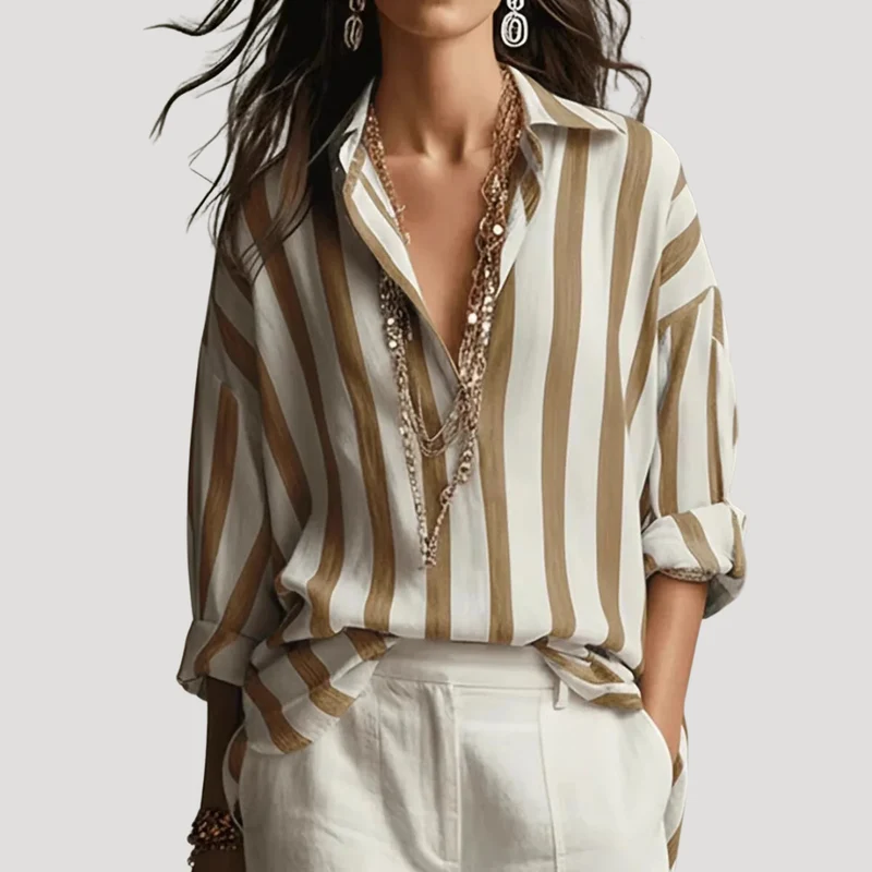 Blouse Femme Rayée à Manches Retroussables