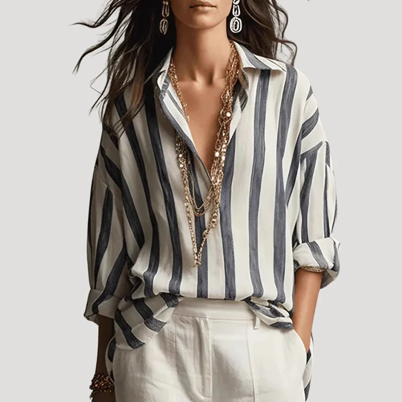 Blouse Femme Rayée à Manches Retroussables