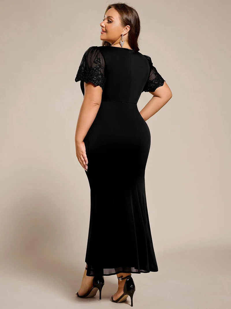 pretty CLEO|Robe de soirée grande taille à manches courtes et col en V avec perles