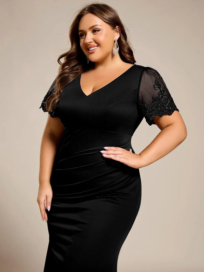 pretty CLEO|Robe de soirée grande taille à manches courtes et col en V avec perles