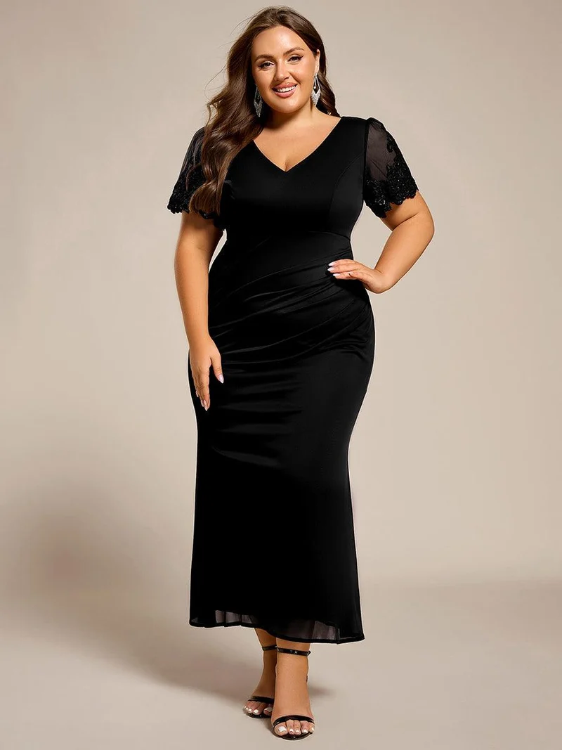 pretty CLEO|Robe de soirée grande taille à manches courtes et col en V avec perles