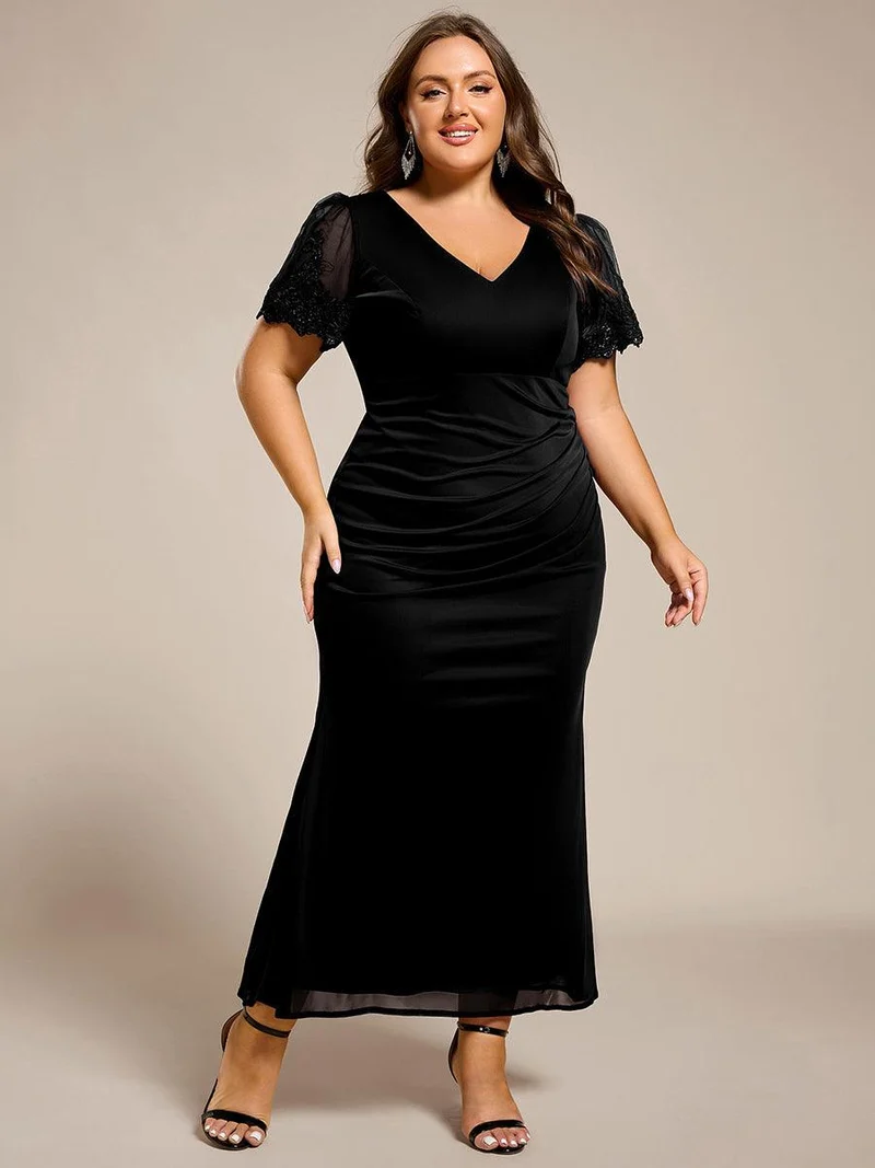 pretty CLEO|Robe de soirée grande taille à manches courtes et col en V avec perles