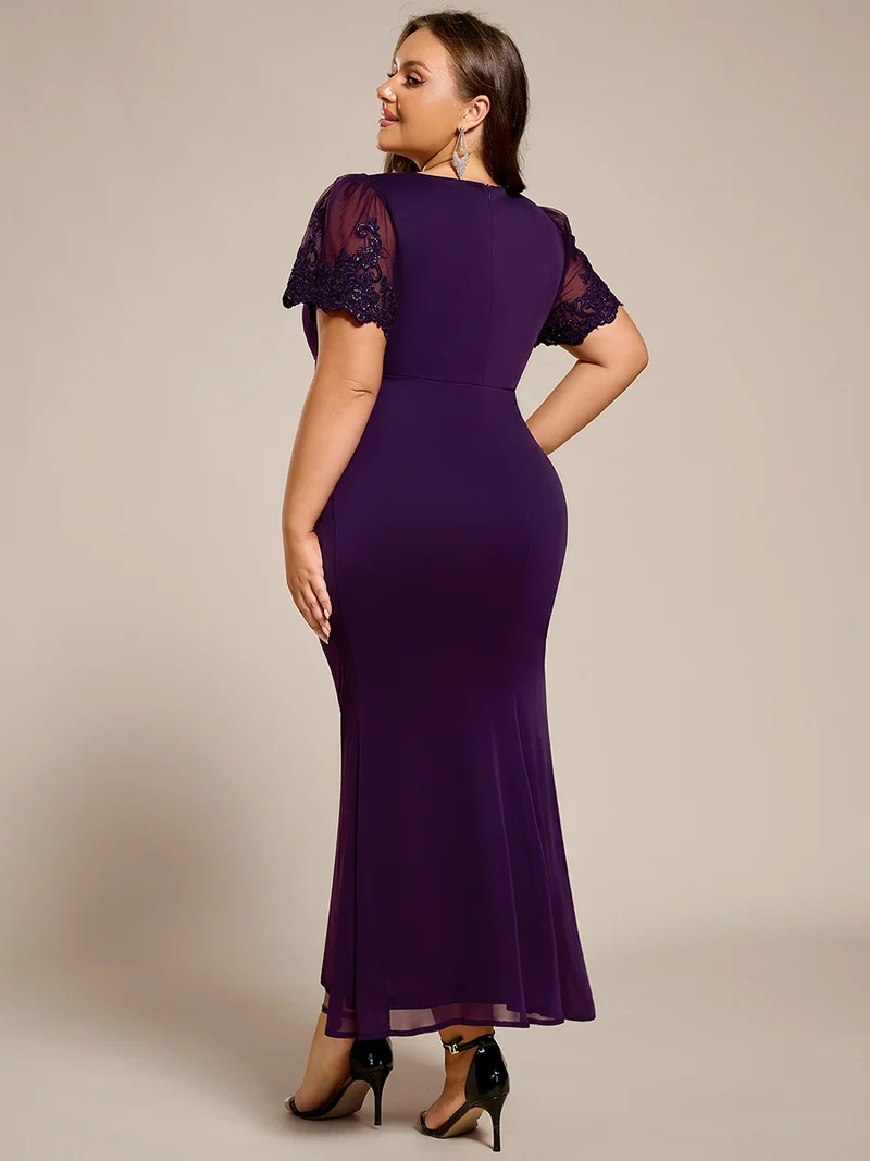 pretty CLEO|Robe de soirée grande taille à manches courtes et col en V avec perles