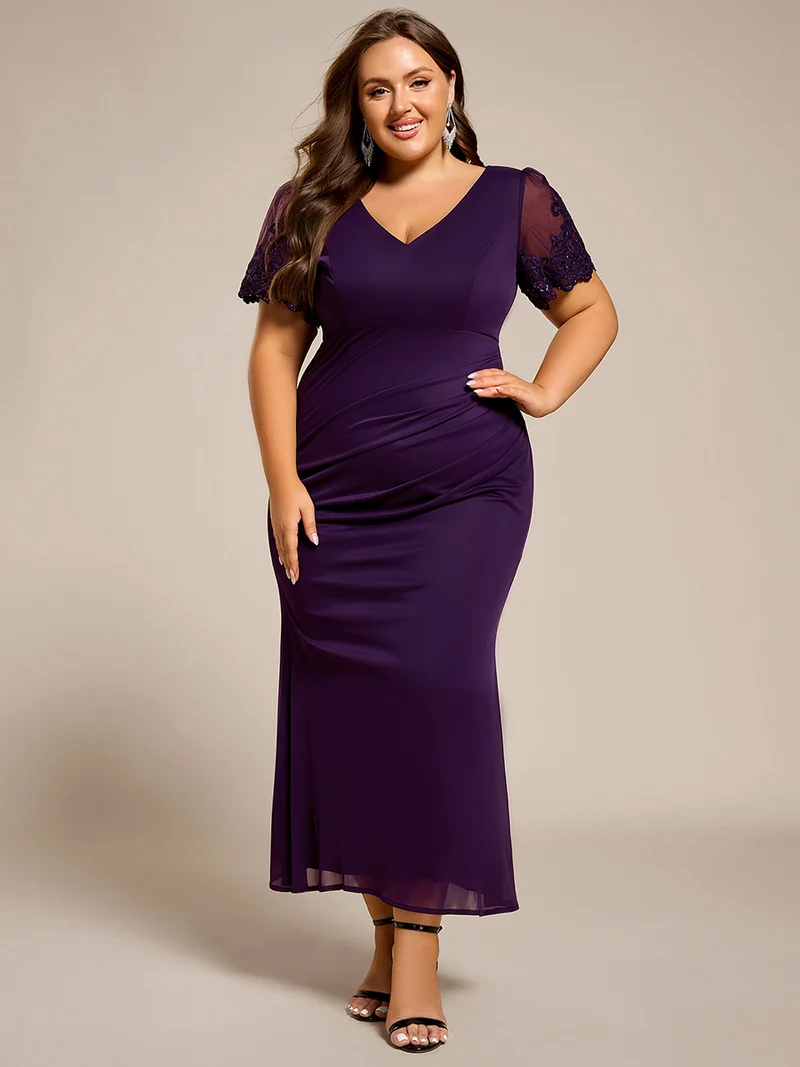 pretty CLEO|Robe de soirée grande taille à manches courtes et col en V avec perles