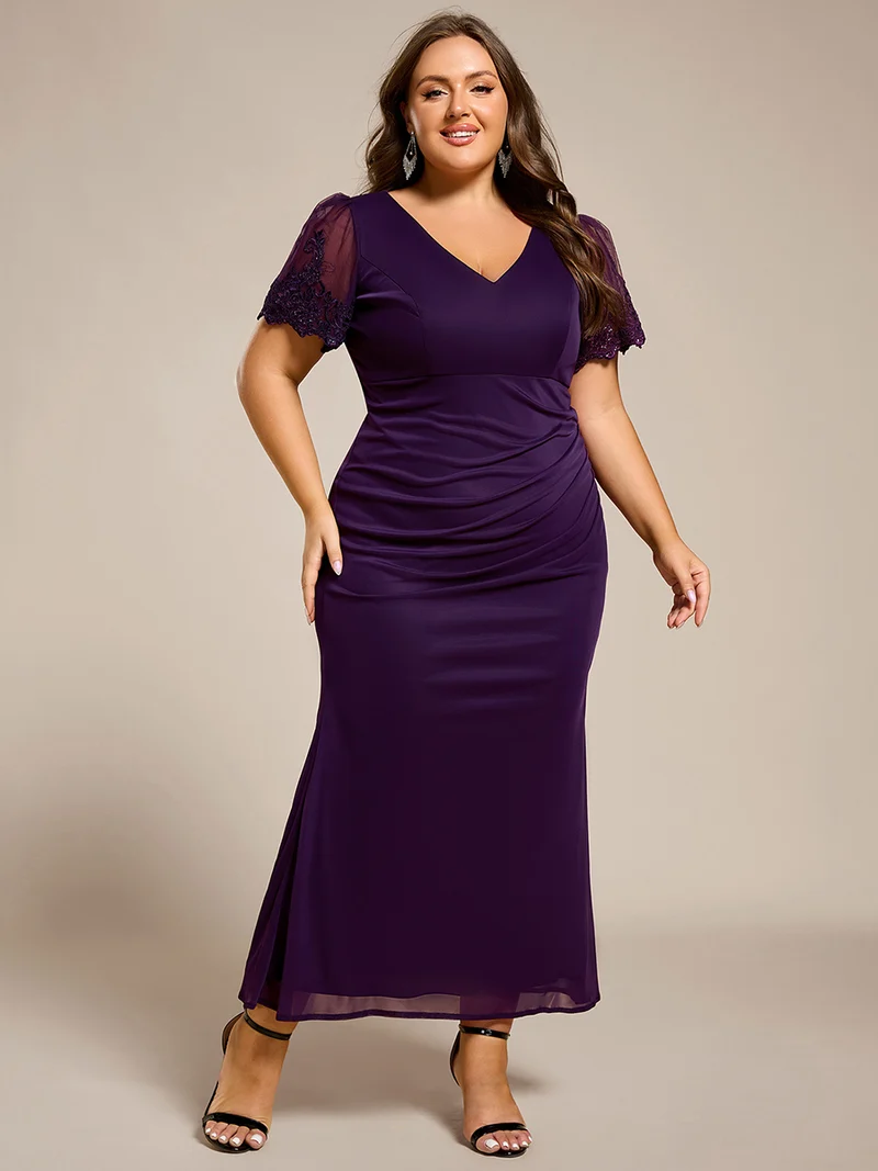 pretty CLEO|Robe de soirée grande taille à manches courtes et col en V avec perles