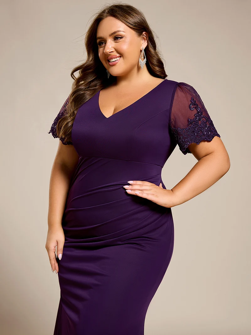 pretty CLEO|Robe de soirée grande taille à manches courtes et col en V avec perles