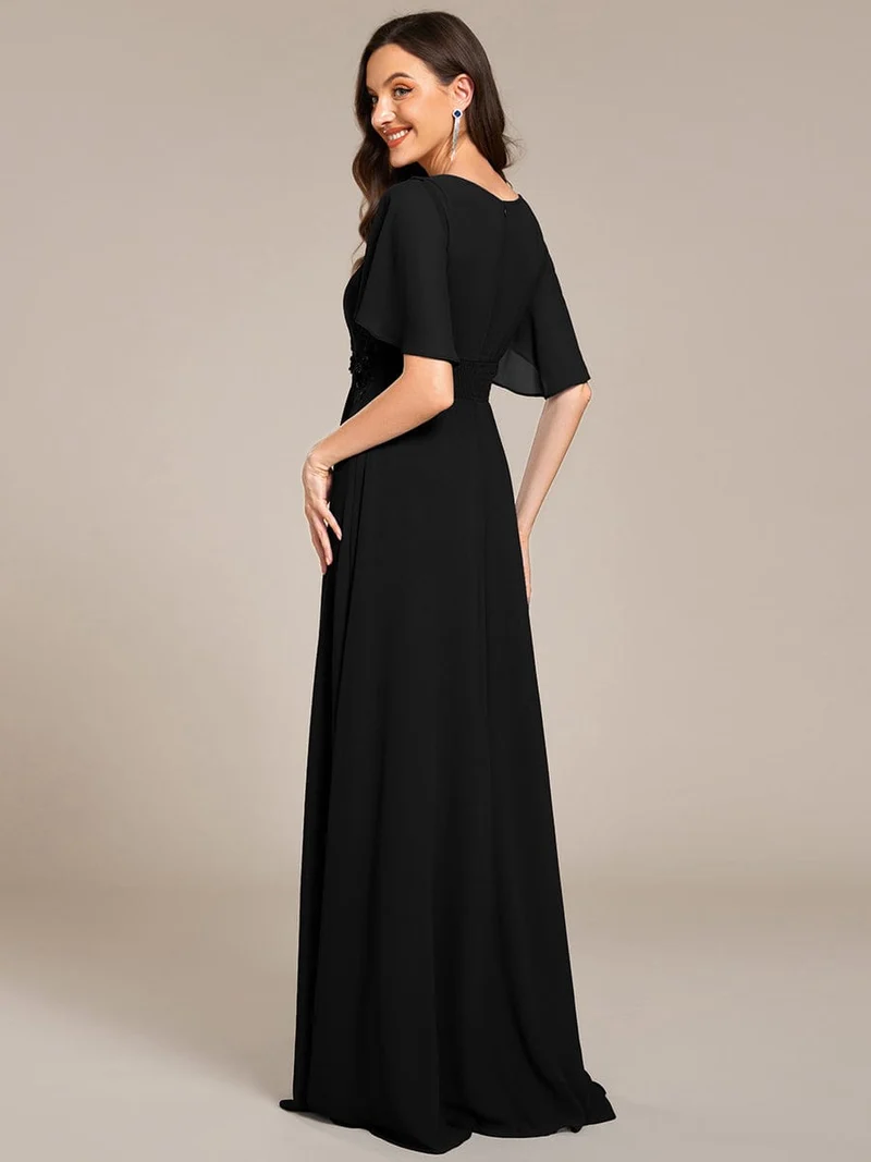 ever ASPYN|Robe de soirée trapèze à manches courtes et appliques plissées
