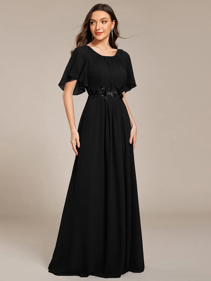 ever ASPYN|Robe de soirée trapèze à manches courtes et appliques plissées