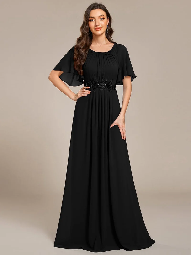 ever ASPYN|Robe de soirée trapèze à manches courtes et appliques plissées