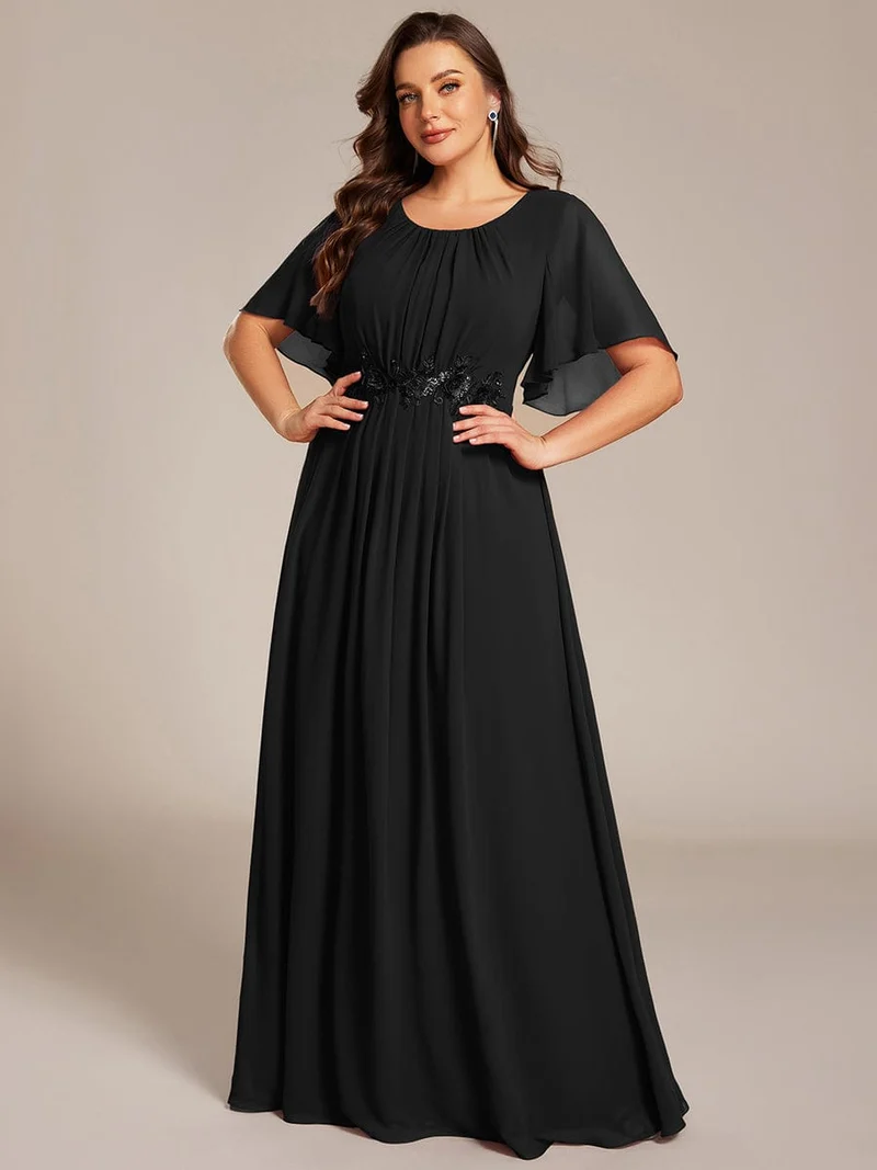 ever ASPYN|Robe de soirée trapèze à manches courtes et appliques plissées