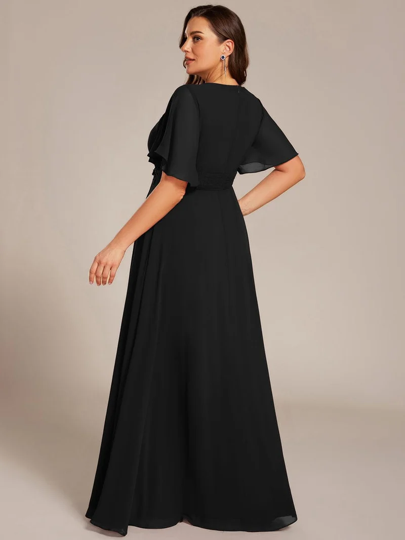 ever ASPYN|Robe de soirée trapèze à manches courtes et appliques plissées