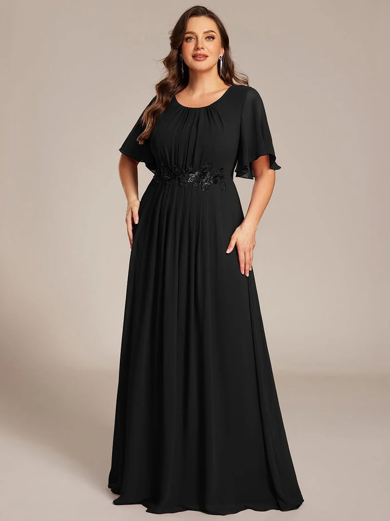 ever ASPYN|Robe de soirée trapèze à manches courtes et appliques plissées
