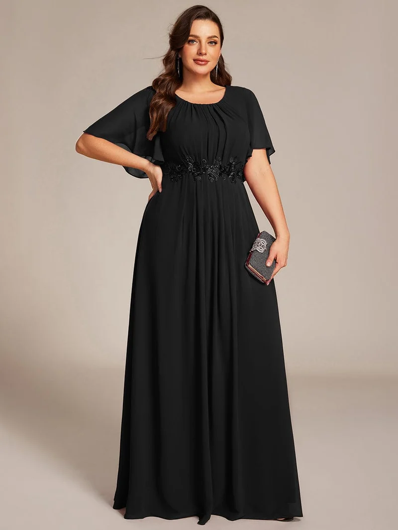 ever ASPYN|Robe de soirée trapèze à manches courtes et appliques plissées