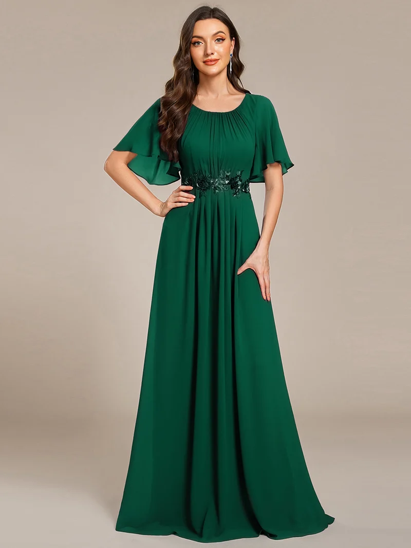 ever ASPYN|Robe de soirée trapèze à manches courtes et appliques plissées