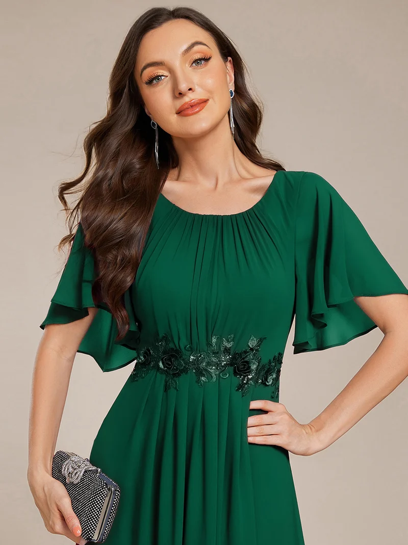 ever ASPYN|Robe de soirée trapèze à manches courtes et appliques plissées