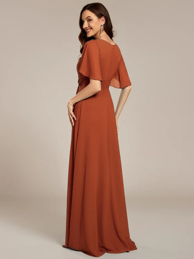 ever ASPYN|Robe de soirée trapèze à manches courtes et appliques plissées