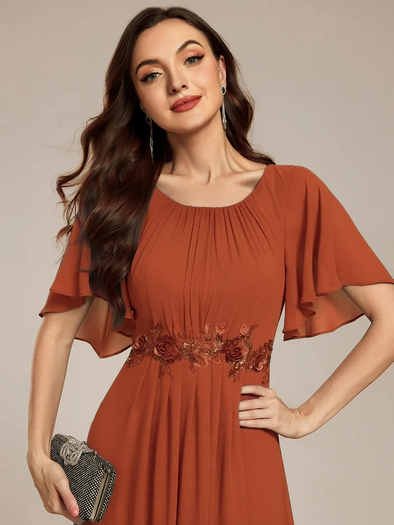 ever ASPYN|Robe de soirée trapèze à manches courtes et appliques plissées