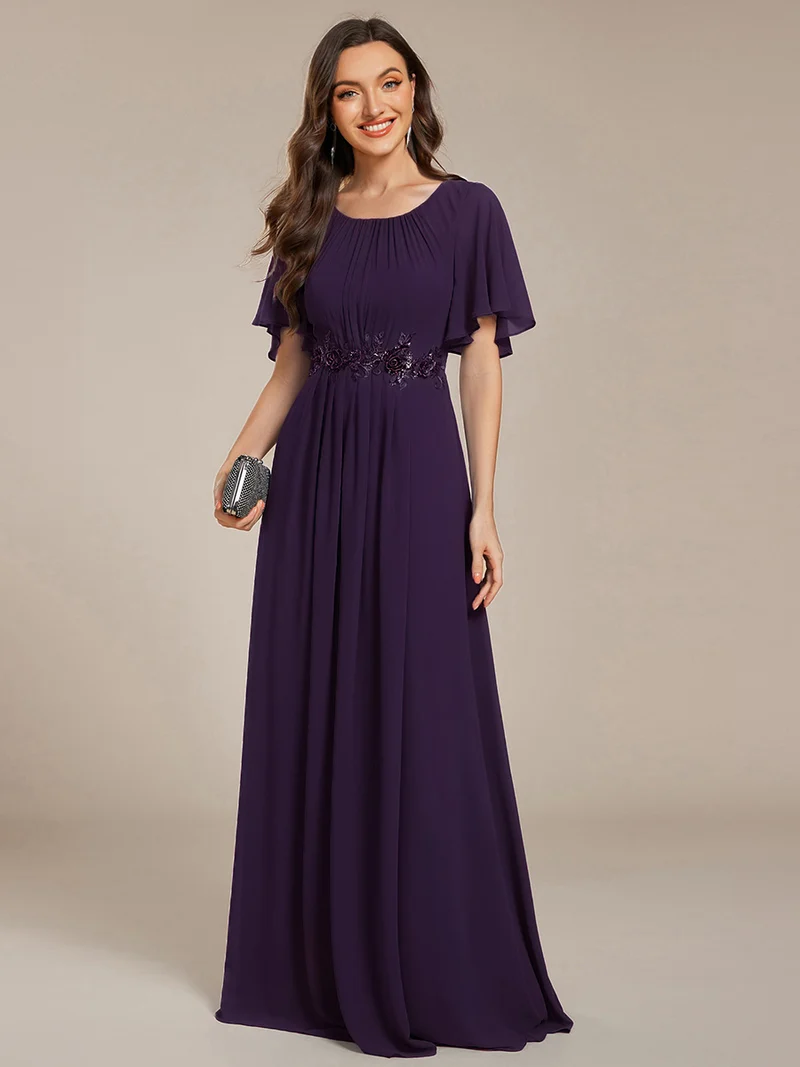 ever ASPYN|Robe de soirée trapèze à manches courtes et appliques plissées
