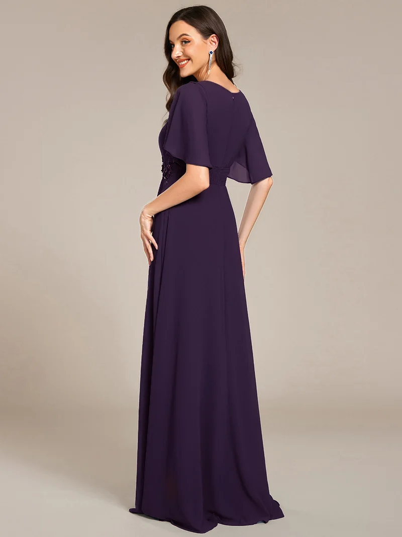 ever ASPYN|Robe de soirée trapèze à manches courtes et appliques plissées