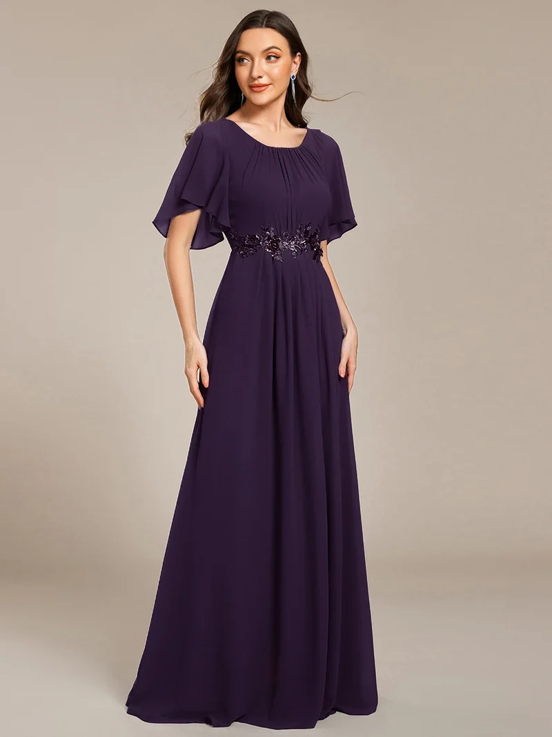 ever ASPYN|Robe de soirée trapèze à manches courtes et appliques plissées