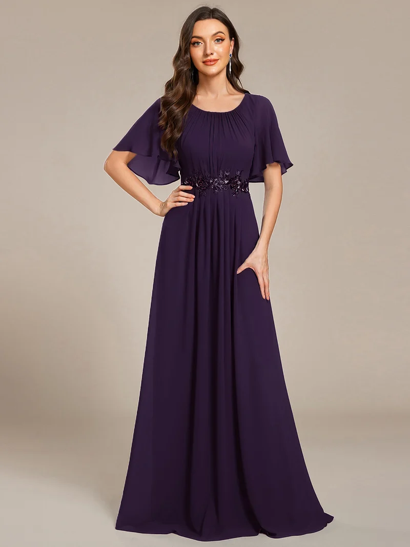 ever ASPYN|Robe de soirée trapèze à manches courtes et appliques plissées