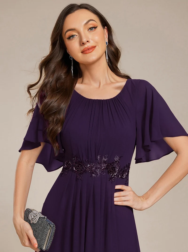 ever ASPYN|Robe de soirée trapèze à manches courtes et appliques plissées