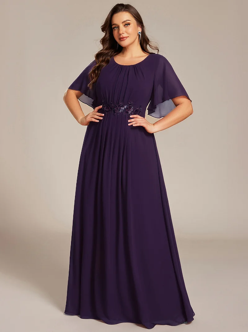ever ASPYN|Robe de soirée trapèze à manches courtes et appliques plissées