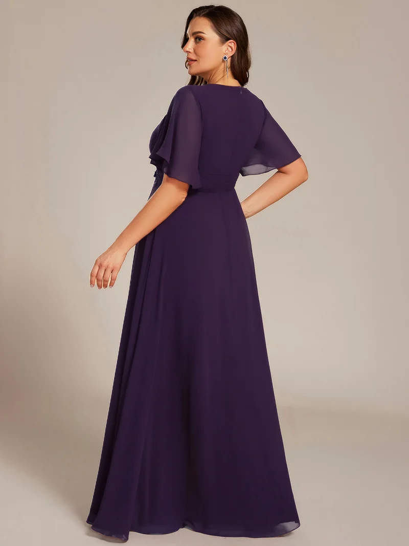 ever ASPYN|Robe de soirée trapèze à manches courtes et appliques plissées