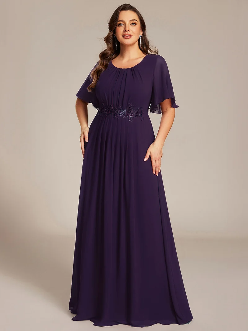 ever ASPYN|Robe de soirée trapèze à manches courtes et appliques plissées