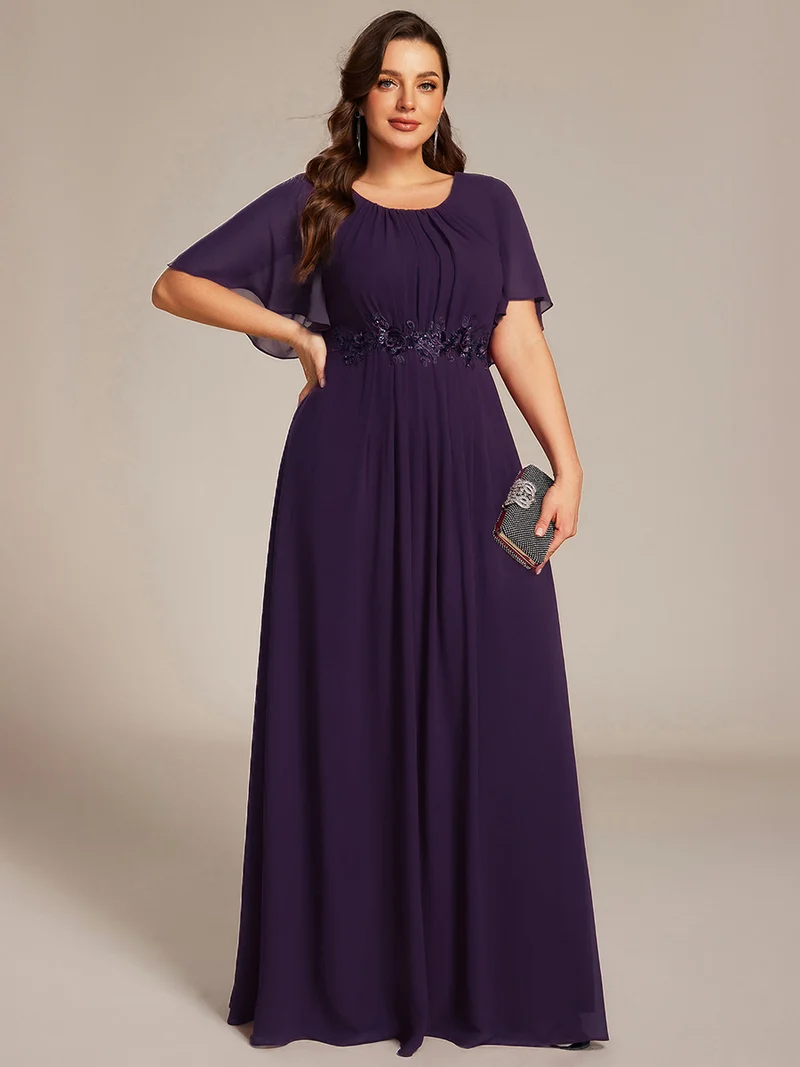 ever ASPYN|Robe de soirée trapèze à manches courtes et appliques plissées