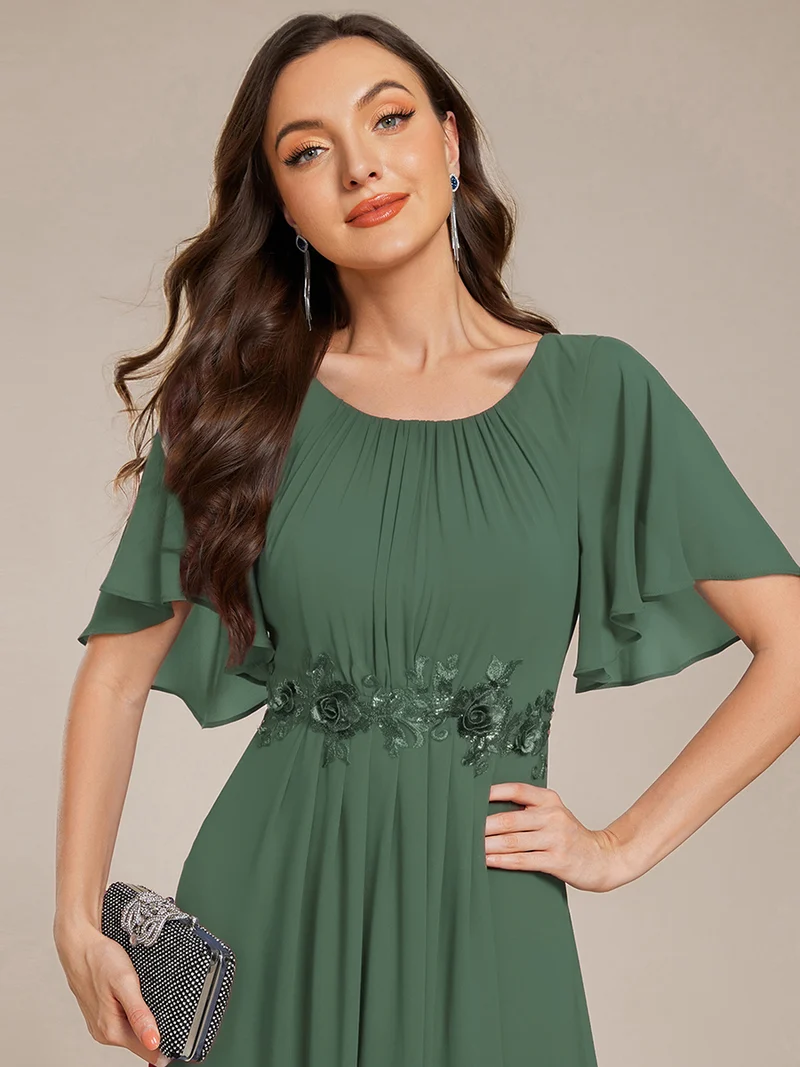ever ASPYN|Robe de soirée trapèze à manches courtes et appliques plissées