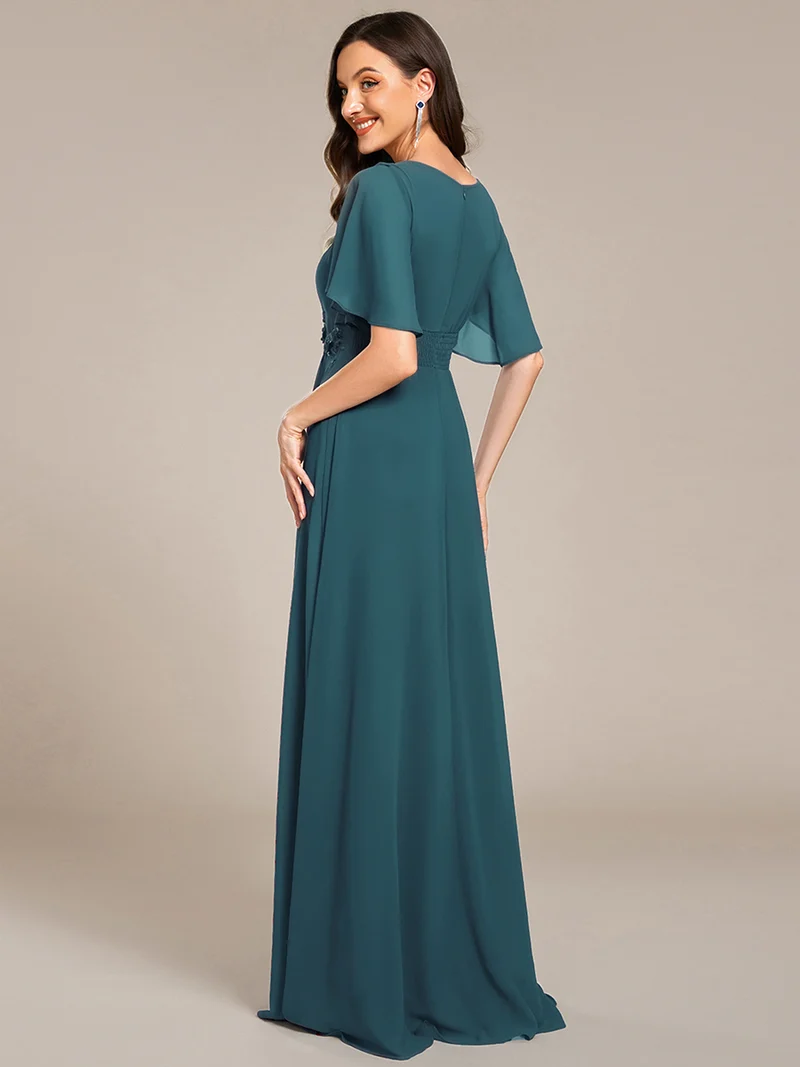 ever ASPYN|Robe de soirée trapèze à manches courtes et appliques plissées