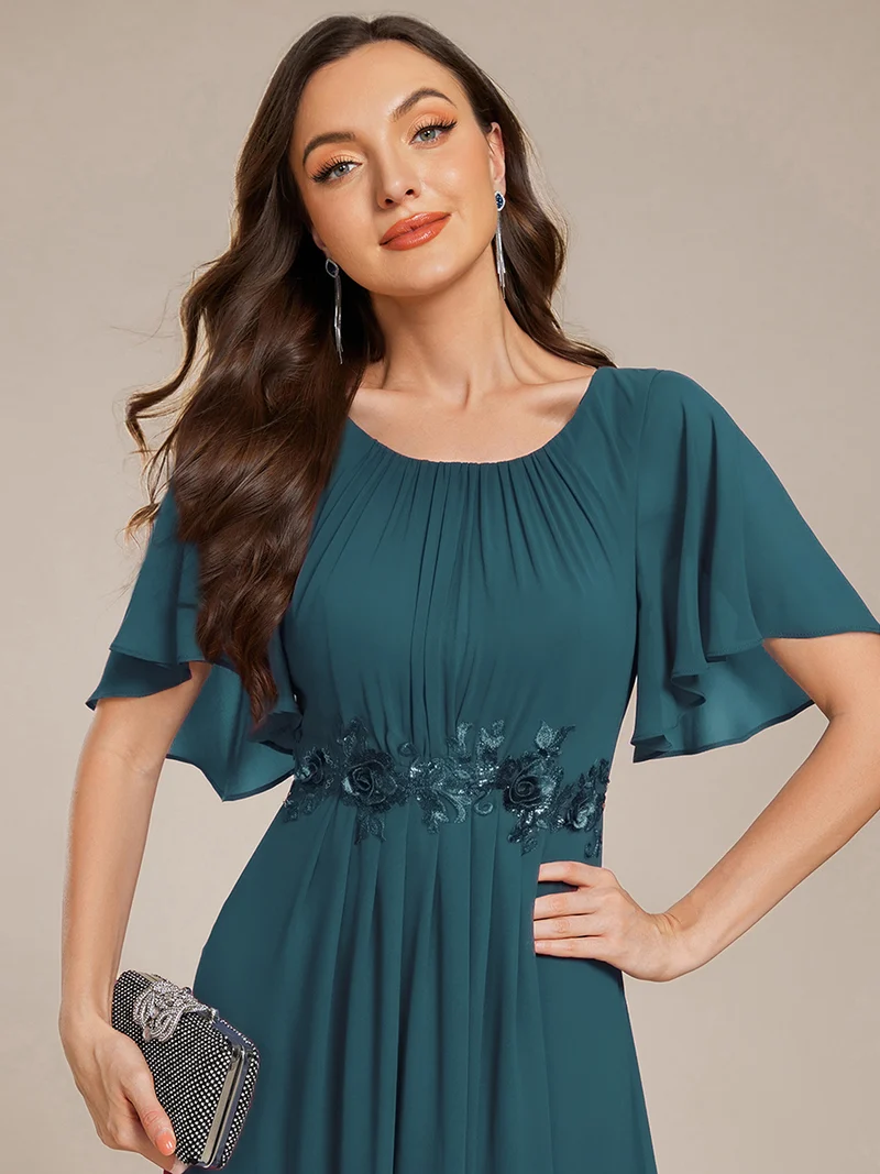 ever ASPYN|Robe de soirée trapèze à manches courtes et appliques plissées