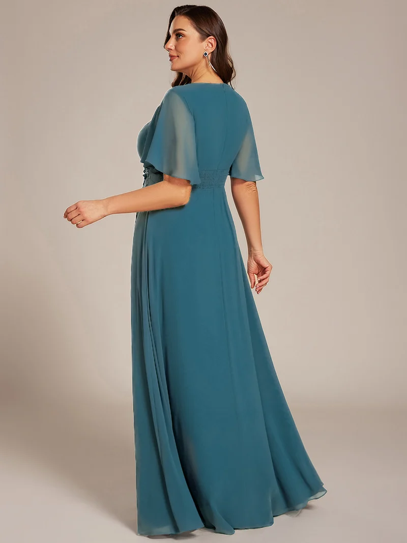 ever ASPYN|Robe de soirée trapèze à manches courtes et appliques plissées